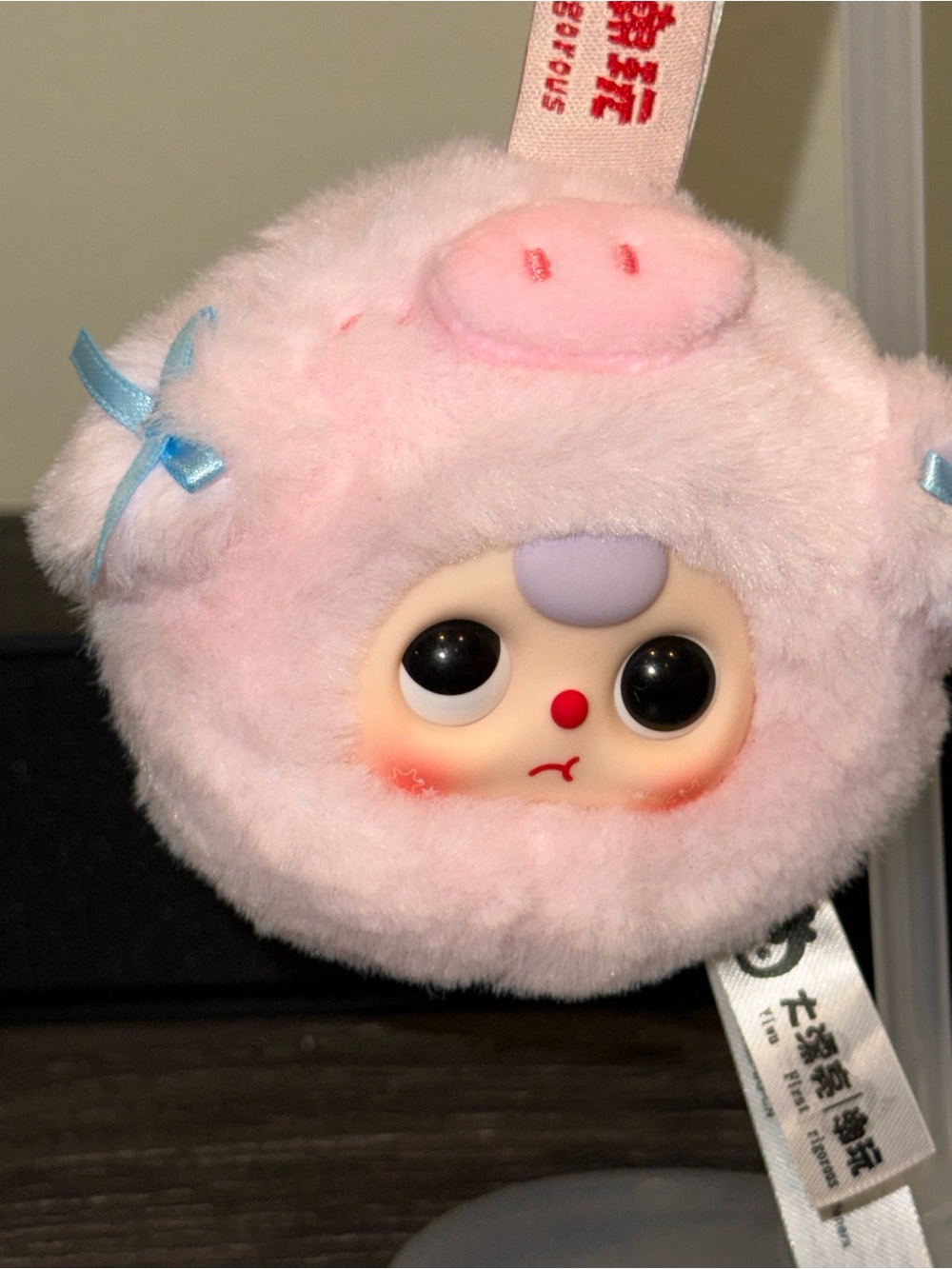 Pop Mart baby three pink piggy frowny face furry keychain
